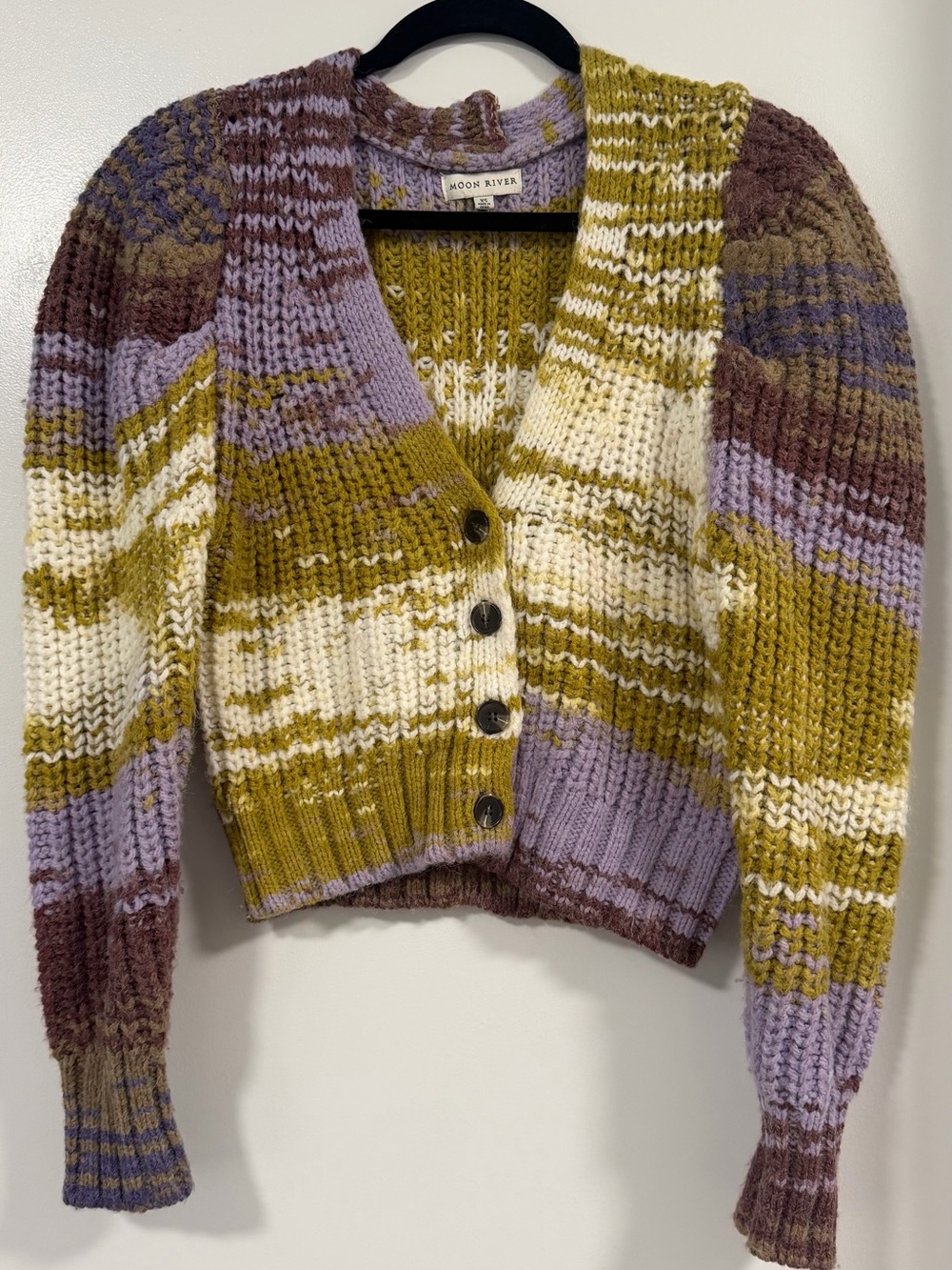 Moon River Olive, Lavender & Cream Striped V‑Neck Cardigan